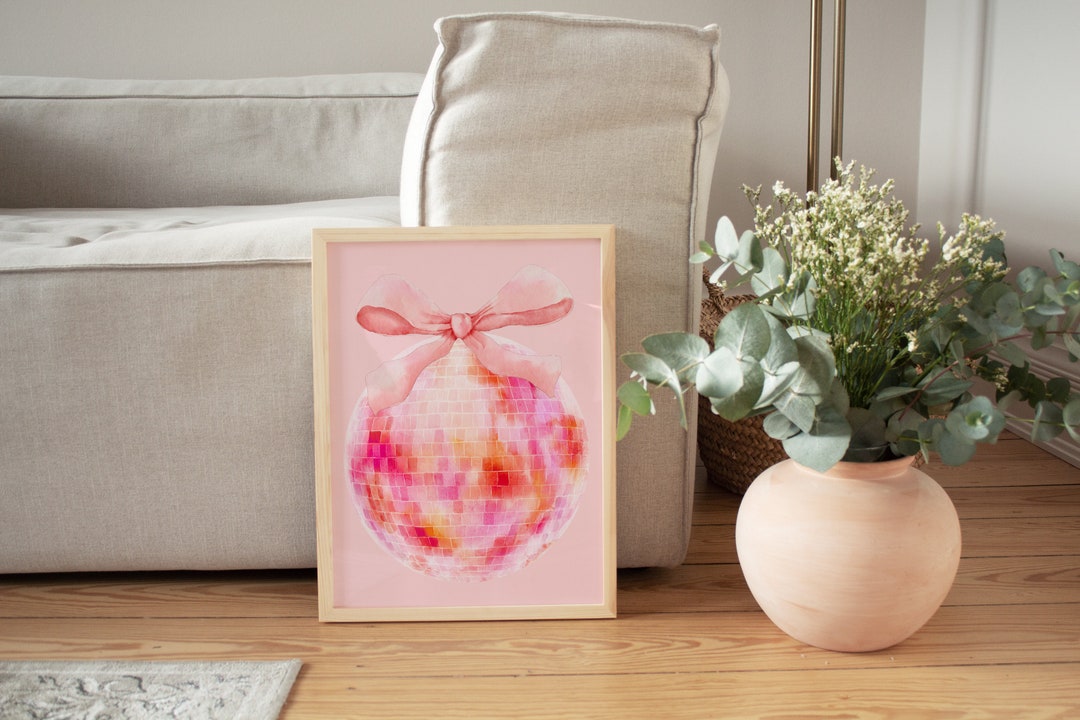 Pink Coquette Bow Disco Ball Printable Wall Art, Preppy Dorm Room Decor ...