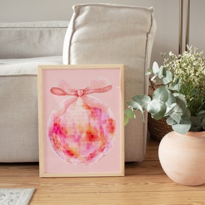 Pink Coquette Bow Disco Ball printable wall art, Preppy Dorm Room Decor, Trendy Bar Cart Poster, bedroom decor teens college apartment art