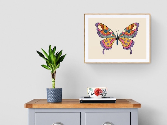 Colorful Butterfly Wall Art, Butterfly Print, Printable Wall Art, Retro Print, Retro Wall Art, 70's home decor, 70's wall art, 70's print