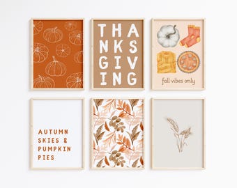 Decoración de Acción de Gracias, 6 impresiones de pared de Acción de Gracias, decoración de otoño para el hogar, impresiones modernas de Acción de Gracias, impresión de calabaza, linda decoración de otoño