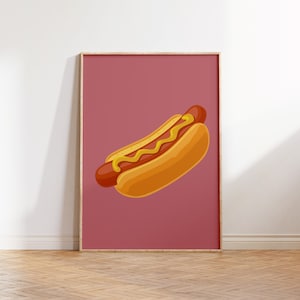 Hot Dog mit Senf Küche Kunstdruck, Retro Food Poster, Hot Dog Wandkunst, American Fast Food, Cartoon Illustration Essen, Art for Kitchen