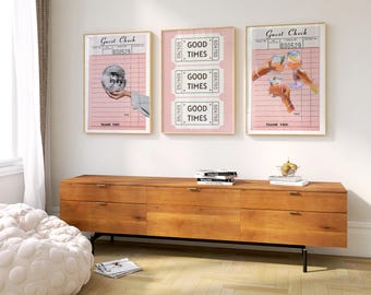 Pink Cheers Guest Check set of 3 Print Bar Cart Poster Trendy Kitchen Art Alcohol Poster Retro Guest Check Print Preppy Cocktail Funky