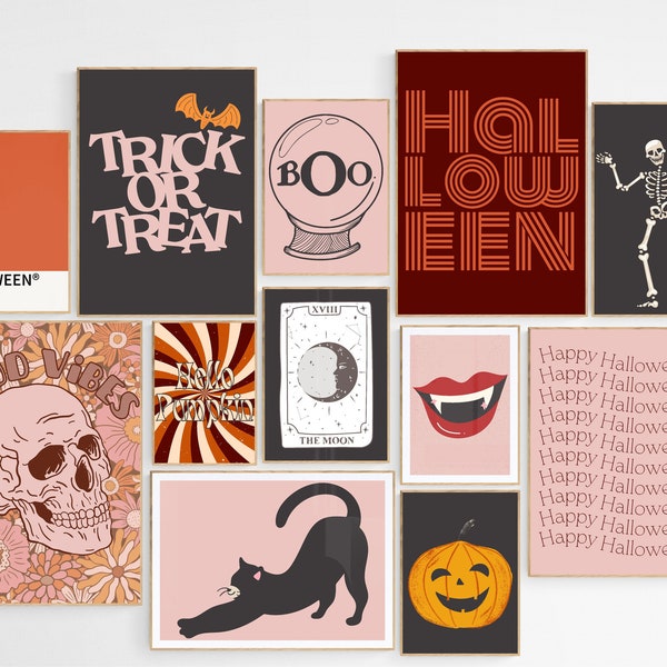 レトロなハロウィンデコレーション、ハロウィンプリント12枚、ハロウィンホームデコレーション、ミッドセンチュリーモダンプリント、ハロウィンウォールアート、ハロウィンプリント