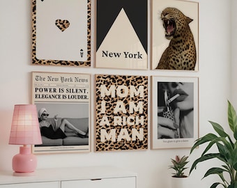 Retro Girly Wall Art Set 6 Posters, Y2K Lucky Decor, Trendy Leopard Print, Rich Girl Stockholm Aesthetic Apartment Decor Cheetah Bedroom