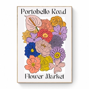 Portobello Road Flower Market Print Colorful Retro Art, Groovy Floral, 1970s 1960s, Bright Bold, Hippie Flowers, London, On Trend Poster image 1