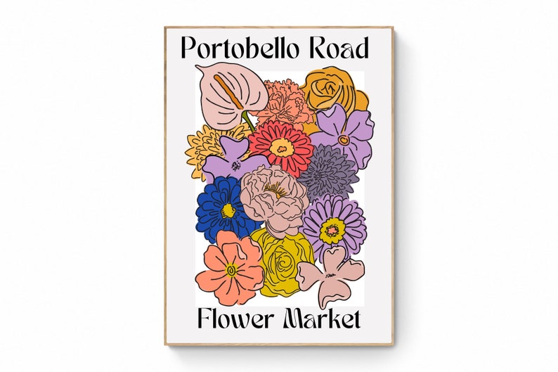 Portobello Road Flower Market Print Colorful Retro Art, Groovy Floral, 1970s 1960s, Bright Bold, Hippie Flowers, London, On Trend Poster image 1