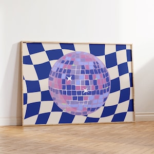 Blau karierter Spiegelball Printable, trendige Wand Kunst Drucke, Retro Print Vintage Decor Trendy Art Disco Print Aesthetic Funky Print Preppy