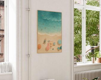 Poster estivo aereo sulla spiaggia, stampe costiere, spiaggia estetica, ragazza carina retrò, dormitorio sulla spiaggia, arte del surf, poster di riviste sulla spiaggia