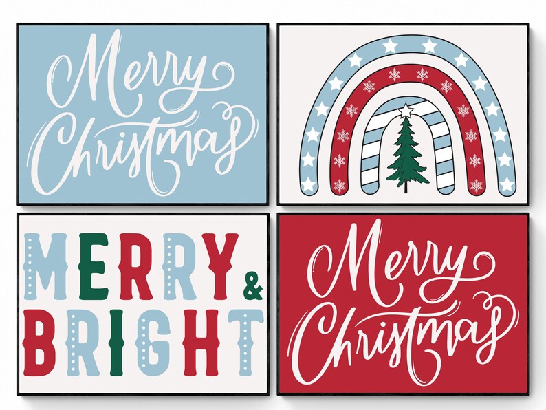 May include: Set of four Christmas-themed printable wall art prints. The prints feature a blue background with white text that says "Merry Christmas" and "Merry & Bright". One print features a red, white, and blue rainbow with a green Christmas tree in the center. The other print features a red background with white text that says "Merry Christmas".