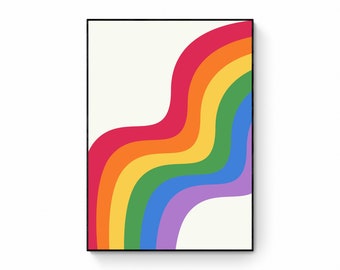 May include: A framed abstract art print featuring a rainbow design with wavy lines in red, orange, yellow, green, blue, and purple colors on a cream background.