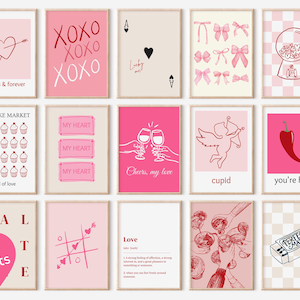 Valentine Day Decor Set Of 28 Printables, Valentines party decor, Retro Romantic Gallery Wall, Cute Pink Red Prints Digital Downloads Bundle