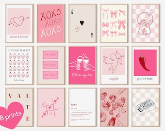 May include: A set of 28 printable Valentine's Day themed illustrations. The illustrations feature hearts, cupcakes, bows, a gumball machine, a chili pepper, a cupid, and more. The illustrations are in pink, red, and white.