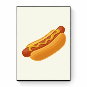 Hot Dog with mustard kitchen art print, retro food poster, Hot Dog wall art, American fast food, Cartoon illustration food, Art for Kitchen