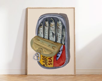 Sardine stampabili, stampa di cibo vintage, stampa di cibo francese, arte di cibo retrò, stampa di metà secolo, arte murale moderna per cucina, stampa di schizzi francesi