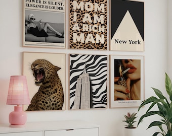 Conjunto de arte de parede retrô feminina com 6 pôsteres, decoração de moda Y2K em Nova York, estampa de leopardo da moda, decoração de apartamento estética Cheetah Rich Girl Estocolmo