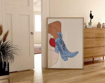 Blue Cowgirl Western Boots Printable Wall Art, Boho Cowgirl Wall art, Cowboy boots Boho Wall decor, Cuto Boho illustration, Bohemian prints