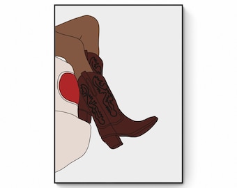 Brown Cowgirl Western Boots Printable Wall Art, Boho Cowgirl Wall art, Cowboy boots Boho Wall decor, Cuto Boho illustration, Bohemian print