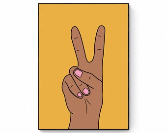 Peace Sign Print, Hand Illustration Art, Printable Wall Art, Peace Poster yellow Wall Art, Retro Wall Art, Dorm Decor, yellow Retro Prints