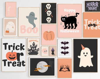 May include: A collection of 12 Halloween-themed printable wall art prints. The prints feature various Halloween icons, including ghosts, pumpkins, bats, a black cat, and a spooky house. The prints are in a variety of colours, including black, white, orange, pink, and green. The prints are perfect for decorating a home or classroom for Halloween.