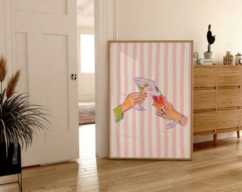 Pink Cheers Striped Print Bar Cart Poster Trendy Kitchen Art Alcohol Poster Retro Striped Print Preppy Cocktail Print Funky