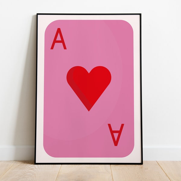 Pink and Red Ace of Hearts Printable, Trendy Wall Art, Ace of Hearts Print, Cute Dorm Poster, Retro bedroom decor teens, valentine day print