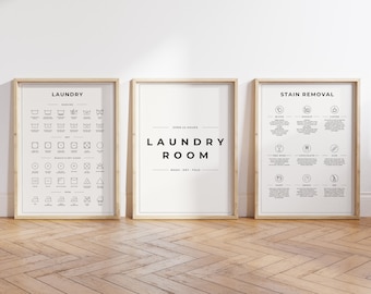 Laundry Room 3 Print Set, Laundry Instructions Wall Decor, Laundry Care Symbols Guide, Laundry Room Art, Stain Removal Digital Printable Art