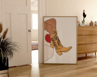 Yellow Cowgirl Western Boots Printable Wall Art, Boho Cowgirl Wall art, Cowboy boots Boho Wall decor, Cuto Boho illustration, Bohemian print