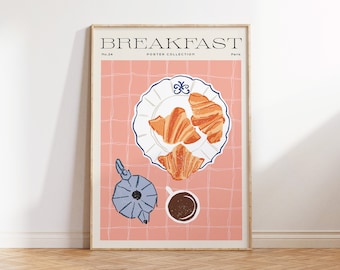 コーヒーとクロワッサンのプリント、朝食の現代絵画、鮮やかな色のキッチンの装飾、レトロな静物画、食べ物、ヴィンテージ料理のイラスト