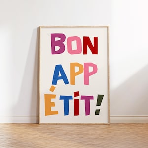 Bon Appetit kleurrijke retro keukenprint, kleurrijke keuken eetkamer kunst aan de muur, funky foodie poster, handgetekende decor, kookdecor