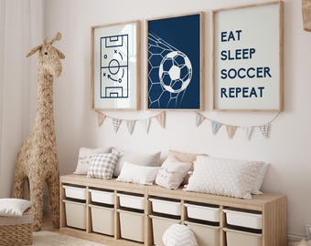 Blue set of 3 Soccer or Football Wall Art Prints Minimalist, Soccer Prints Boys Bedroom Decor, Kids Bedroom Football Decor Soccer player art