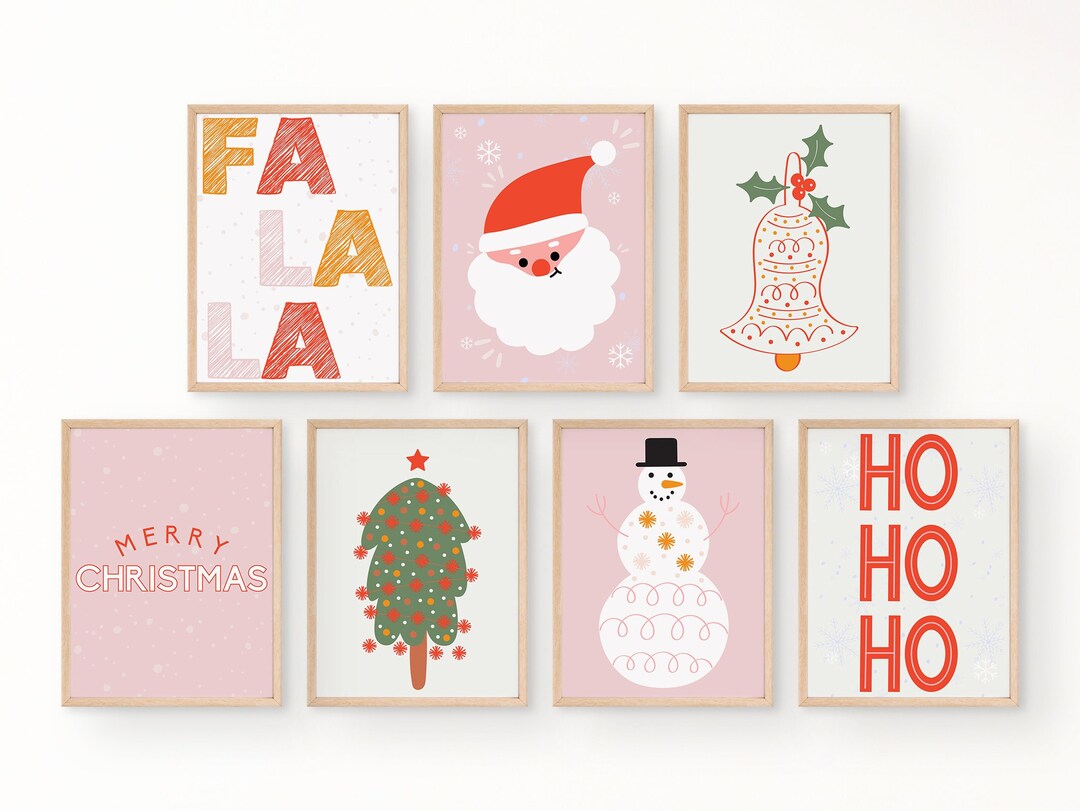 Pink Christmas Set of 7 Printables, Christmas Printable Wall Art, Merry ...