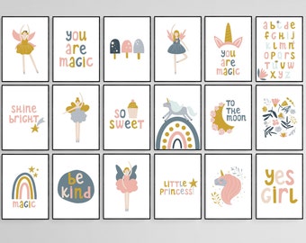 Set of 18 Prints, Baby Girl Nursery Decor, Girls Room Wall Decor, Digital Download, Rainbow Prints for Toddler Girls Room, Rainbow
