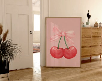 Coquette Pink Bow Printable Art, Coquette Cherry Wall Art, Feminine Poster, Soft Girl Bedroom Decor, Trendy Preppy College Apartment Print