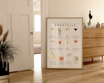 Classic Cocktails Recipe Print, Cocktail Poster, Cocktail Art, Drink Bar Poster, Cocktail Gift, Cocktail How To, Kitchen Art, Kitchen Decor