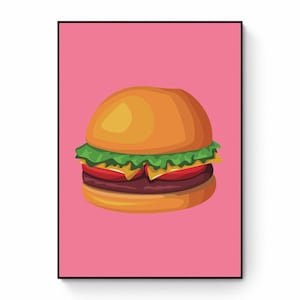 Hamburguesa Pop Art Imprimible, Arte de cocina rosa, Póster de comida retro, Hamburguesa con queso, estampado de hamburguesas, contemporáneo, estampado de moda, póster Y2K