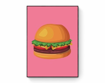 Hamburger Pop Art Printable, Pink kitchen Art, Retro food Poster, Cheeseburger Print, burger print, contemporary, trendy print, Y2K Poster