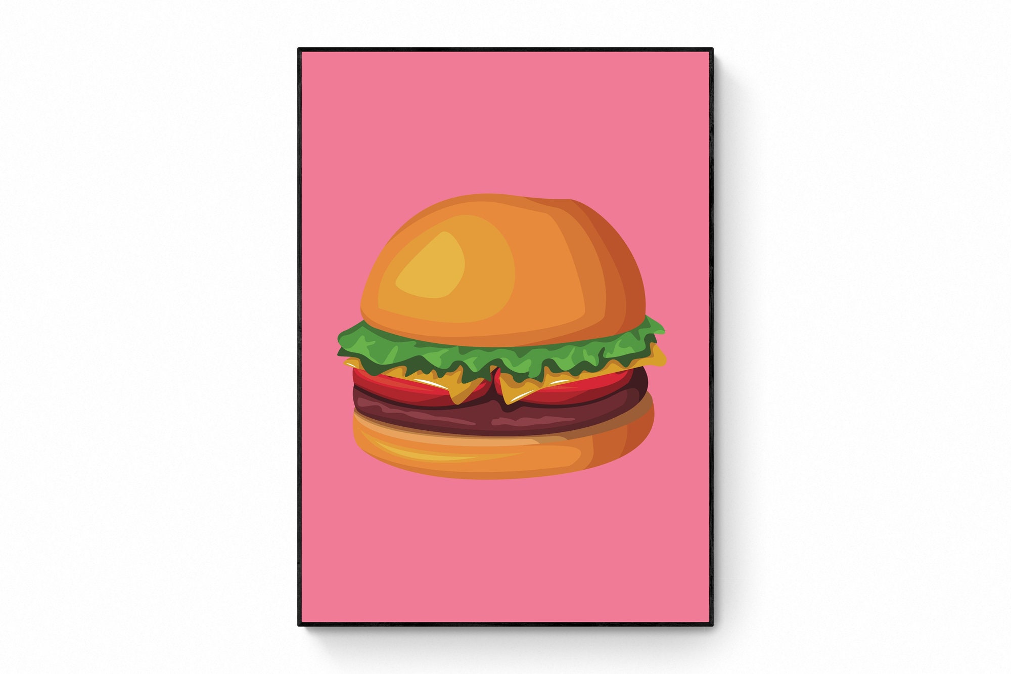 Hamburger Pop Art Printable, Pink kitchen Art, Retro food Poster, Cheeseburger Print, burger print, contemporary, trendy print, Y2K Poster
