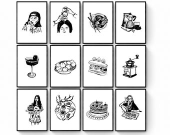 Modern Kitchen Decor Set of 13 Printables, Dessert Art, Black and White Food Print,Kitchen Poster Dining Room Print Cooking Lover Trendy