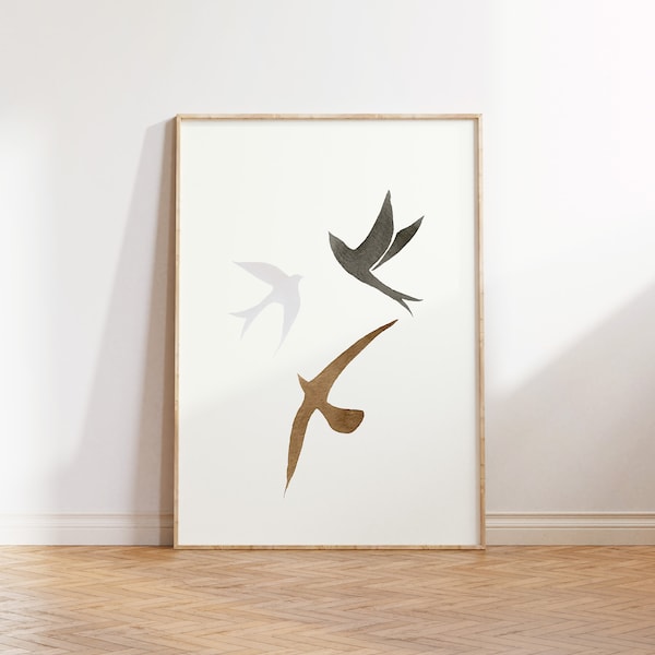 Semplici uccelli in volo, colori neutri, stampe murali di uccelli minimalisti, stampa di stormi di uccelli, arte minimalista, arte moderna digitale stampabile