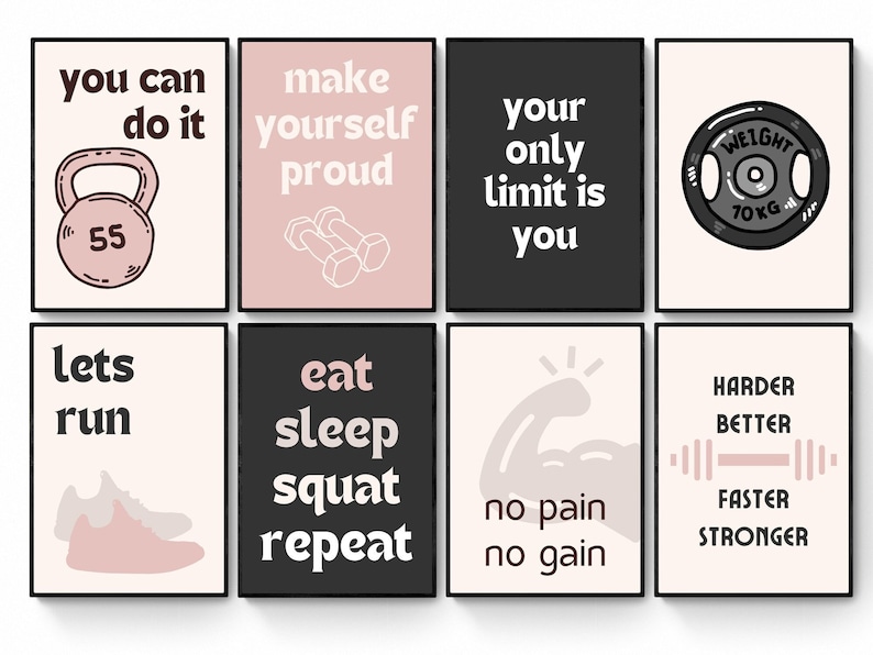 Pode incluir: Conjunto de oito cartazes de motiva&ccedil;&atilde;o para fitness imprim&iacute;veis com texto rosa e preto em fundos branco e rosa. Os cartazes apresentam frases como "You can do it", "Make yourself proud", "Your only limit is you", "Let's run", "Eat sleep squat repeat", "No pain no gain", e "Harder better faster stronger".