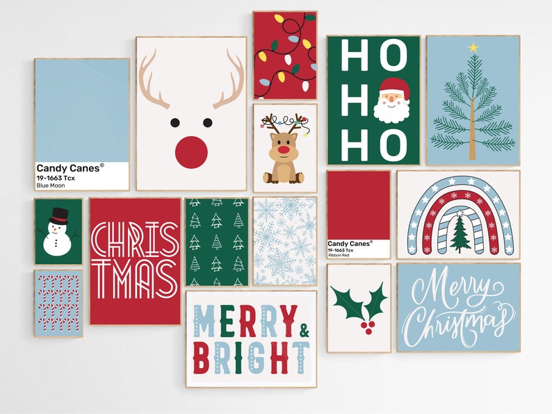 May include: A collection of 12 Christmas-themed printable wall art prints. The prints feature various designs, including a reindeer, a snowman, a Christmas tree, candy canes, snowflakes, and text that says "Merry & Bright", "Ho Ho Ho", "Chris Tmas", and "Merry Christmas".