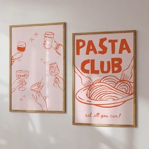 Trendy handgetekende pasta en wijn afdrukbaar, illustraties proost maximalistische keuken muurkunst appartement decor moderne eetkamer retro eten