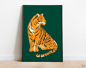 Tiger Print, Emerald Green Leopard Art Print, Boho Home Decor, Green Wall Art, Jungle Poster, Minimal Cheetah Art Animal Artwork Boho Poster