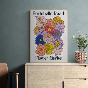 Portobello Road Flower Market Print Colorful Retro Art, Groovy Floral, 1970s 1960s, Bright Bold, Hippie Flowers, London, On Trend Poster image 4