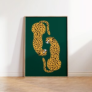 May include: Two stylized cheetahs in a yellow and black pattern are facing each other on a dark green background. The cheetahs are outlined in black and have a simple, graphic design.