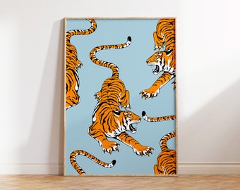 Rytande tigertryck, ljusblå tigerkonsttryck, boho heminredning, djungelposter, minimal tigerväggkonst, djurkonstverk, boho poster