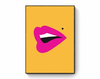 Mouth Printable Yellow Pop Art, Seduction Lips Print, Yellow & Pink Pop Art, Warhol Inspired, Retro Art, Y2K Poster, trendy modern print