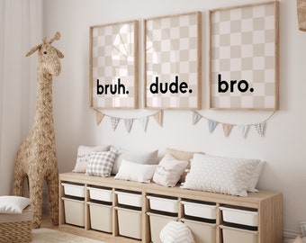 Checkered Kids Room Wall Art Bro Dude Bruh Printable Siblings Sign for Teen Decor Gamer Gift Playroom Wall Decor Bedroom or Gaming Art