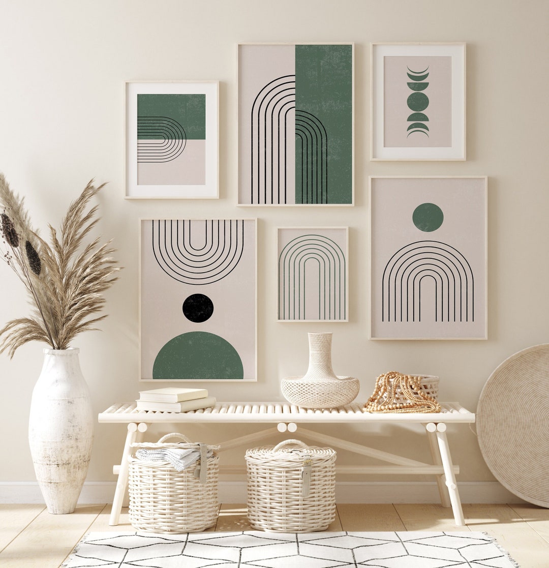 Emerald Green Boho Art Prints Set of 6, Abstract Geometric Poster, Boho ...