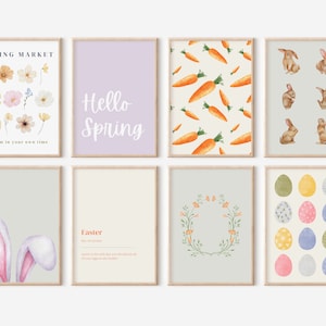 Op de afbeelding: Set van zes printbare wandkunstprints met een lente- en paasthema. De prints bevatten illustraties van bloemen, wortels, konijnen, eieren en een krans. De tekst op de prints omvat "Spring Market", "Hello Spring", "Easter" en "bloom in your own time".